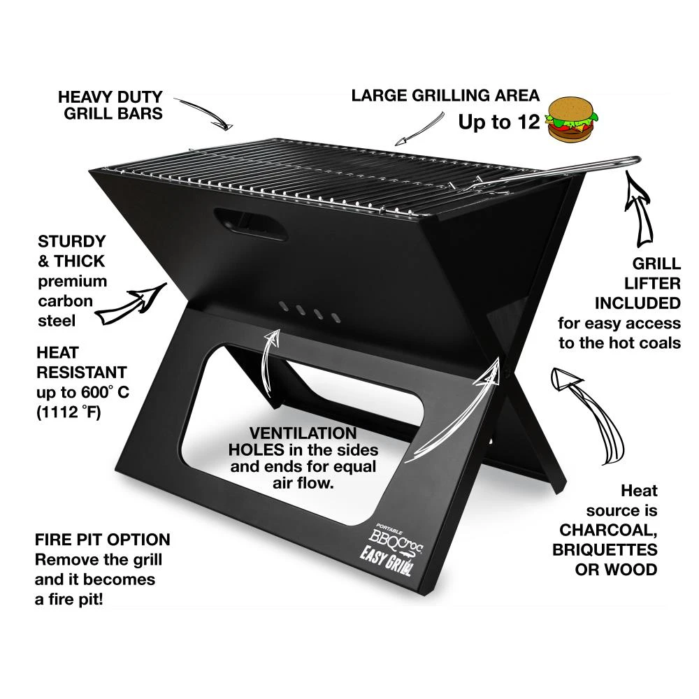 BBQ Croc Grills Portable Easy Grill 220-Sq-in Foldable Charcoal Barbecue Black 3 BBQ Croc Grills Portable Easy Grill 220-Sq-in Foldable Charcoal Barbecue Black - Image 3