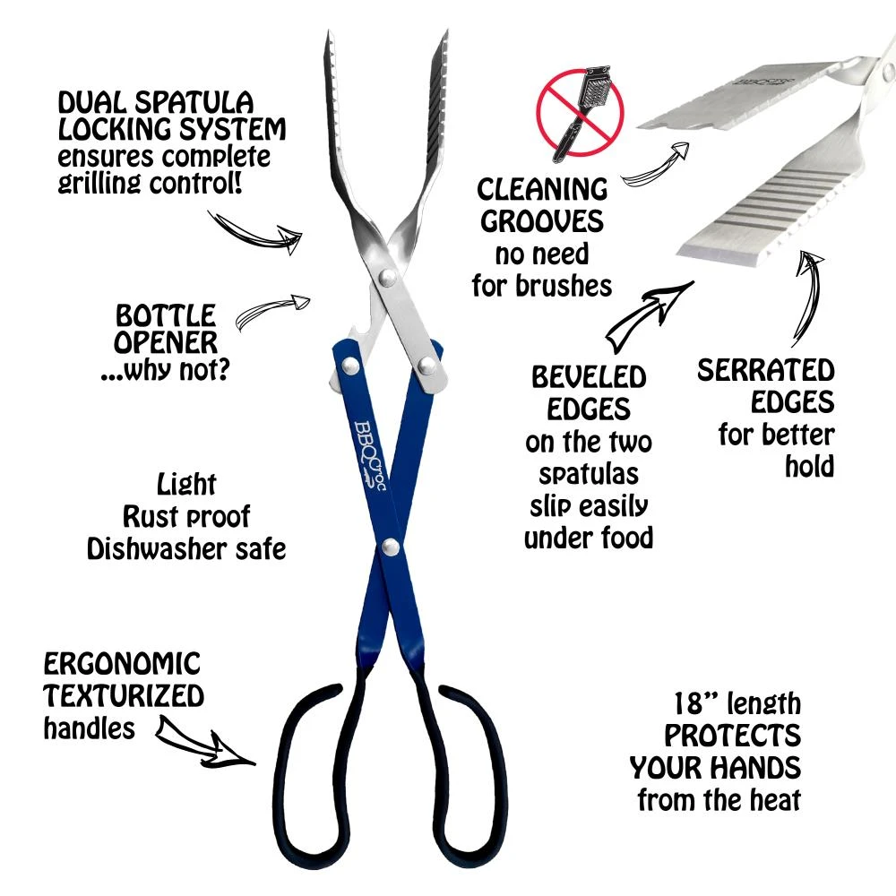 BBQ Croc Grilling Tools & Accessories 3 in 1 Barbecue Tool, 18 in. Blue Aluminum Scissor-style Tongs 5 BBQ Croc Grilling Tools & Accessories 3 in 1 Barbecue Tool, 18 in. Blue Aluminum Scissor-style Tongs - Image 5